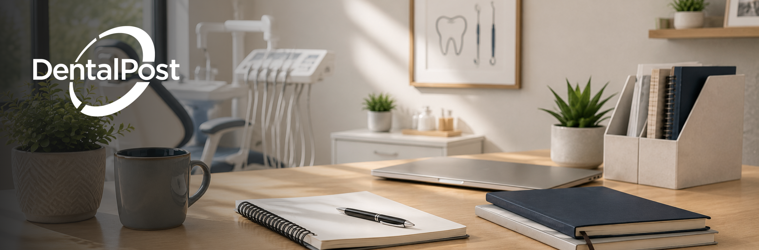 Sunlit modern dental office workspace with a clean wooden desk, notebook, laptop, coffee mug, plants, and office supplies in the foreground, with a softly blurred dental chair and treatment area in the background, creating a calm, professional setting.